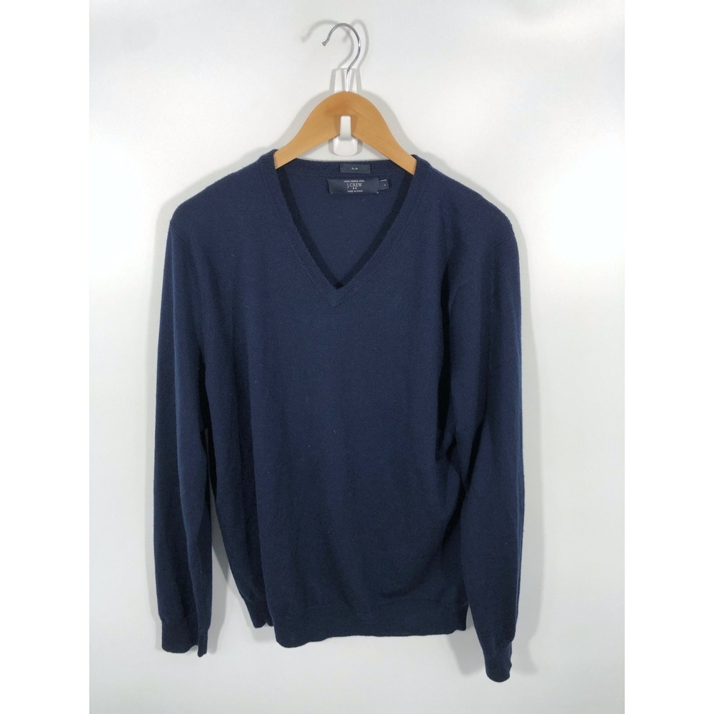 J Crew 100% Merino Wool V Neck Sweater Mens L Blue Slim 90s Minimalist Capsule
